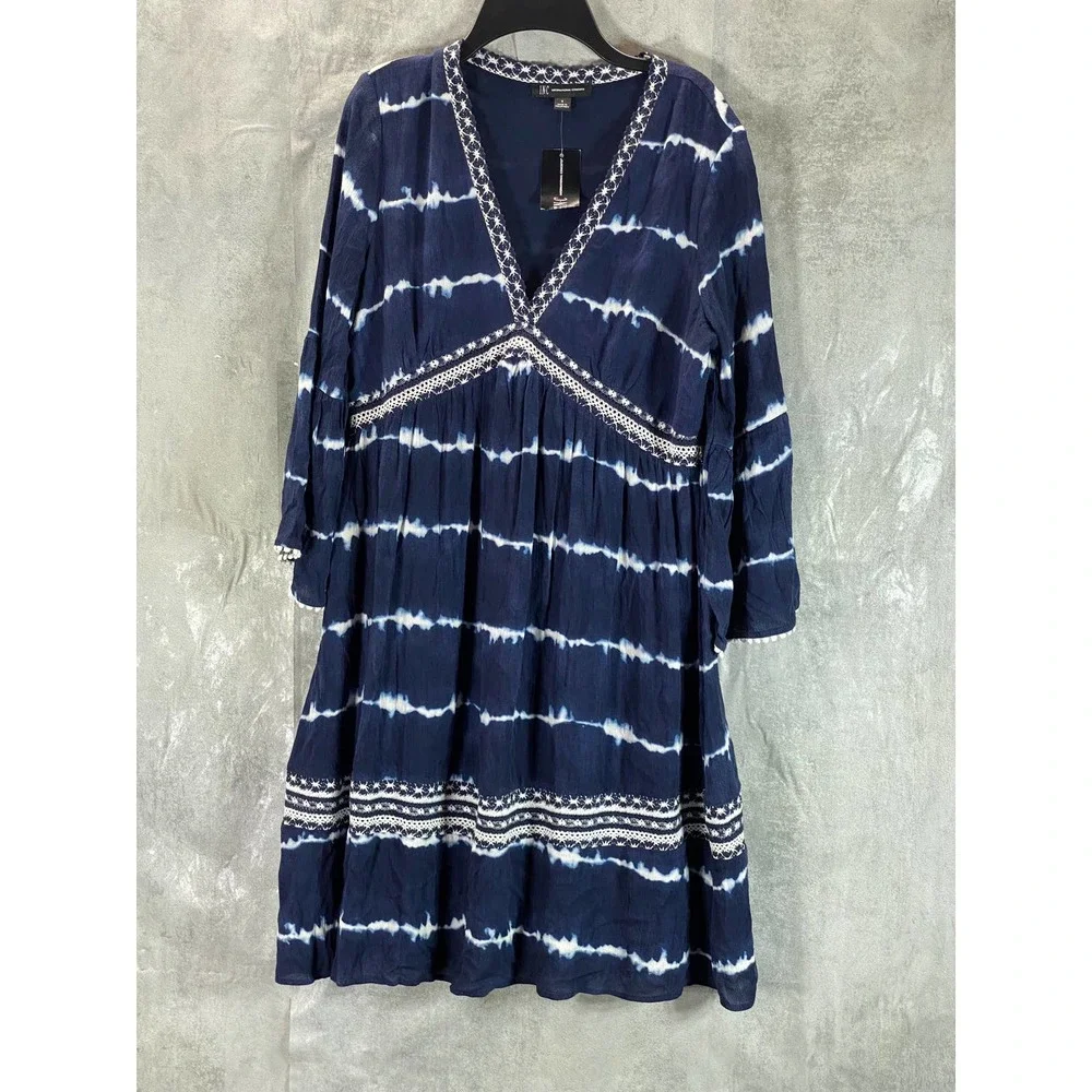 INC International Women's Fiona Tie-Dye V-Neck 3/4 Sleeve Crochet Mini Dress SZS - Picture 2 of 12